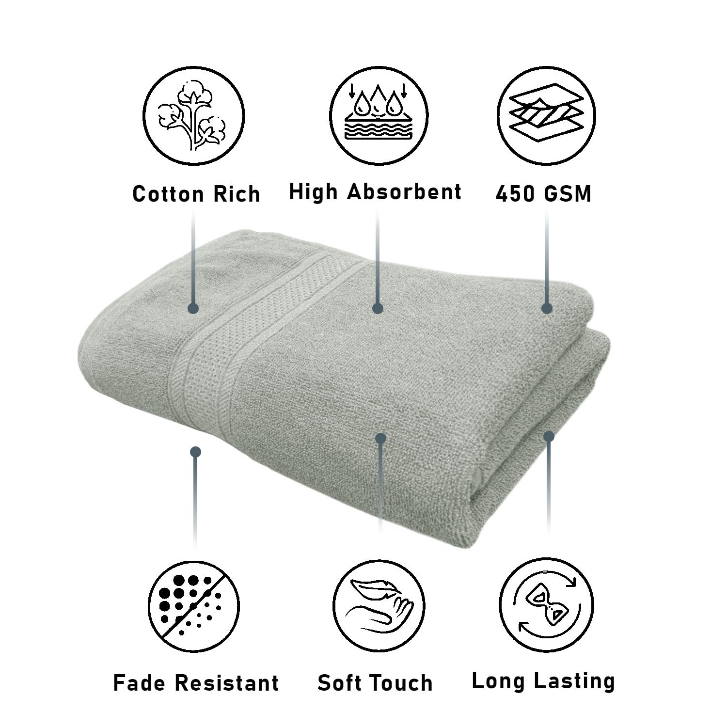 Luxe Home Cotton Bath Towel 450 Gsm | Quick Dry Large Size Bathroom Towels For Men & Women, Home, Kitchen, Gym, Spa (Grey)