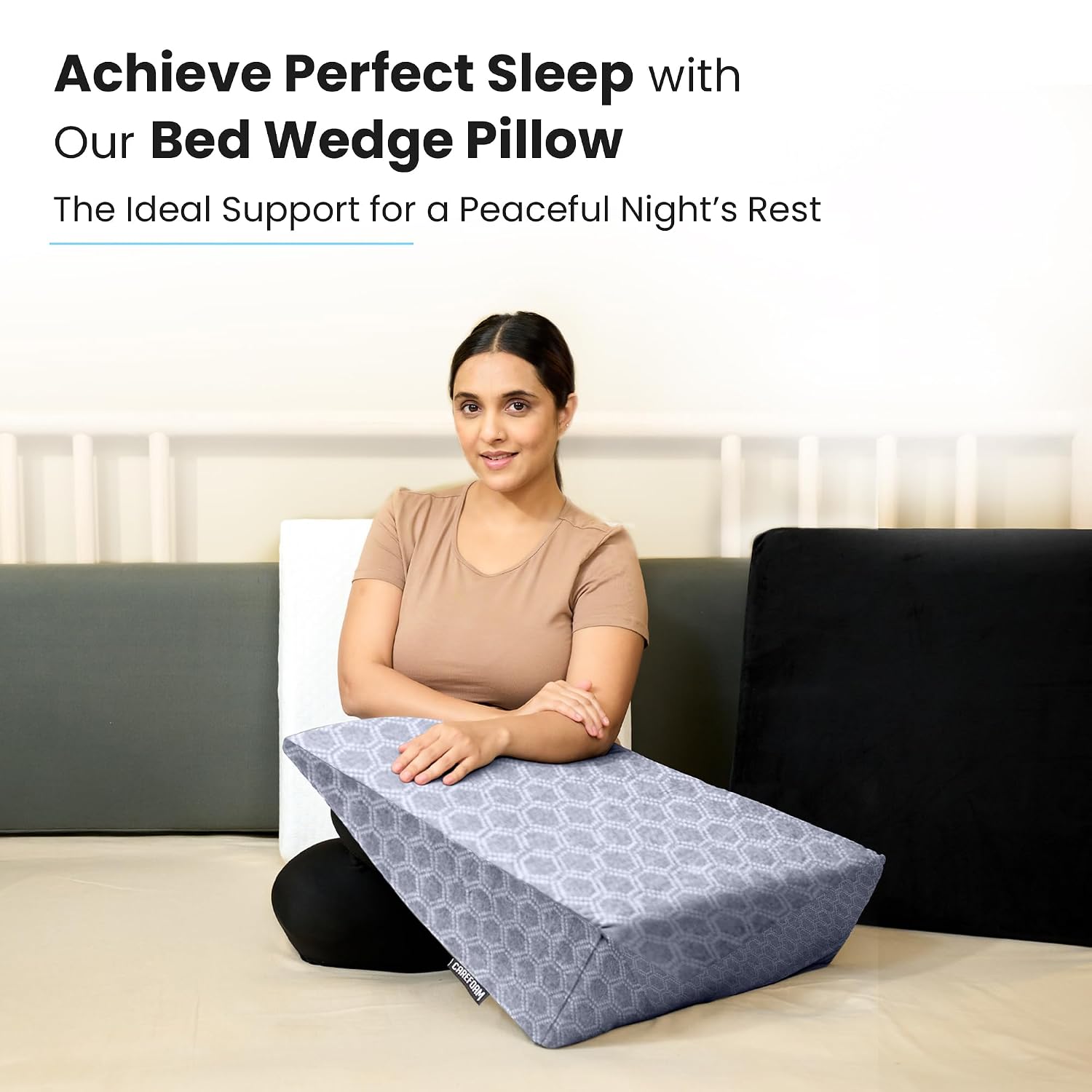 Wedge Pillow Memory Foam For Back Support, Grey Jacquard, Wedge Medium Size - 20 X 20 X 7 Inch | Wedge Cushion Pillow, Acid Reflux, Snoring, Gerd, Leg Elevation, Pregnancy, Washable Cover
