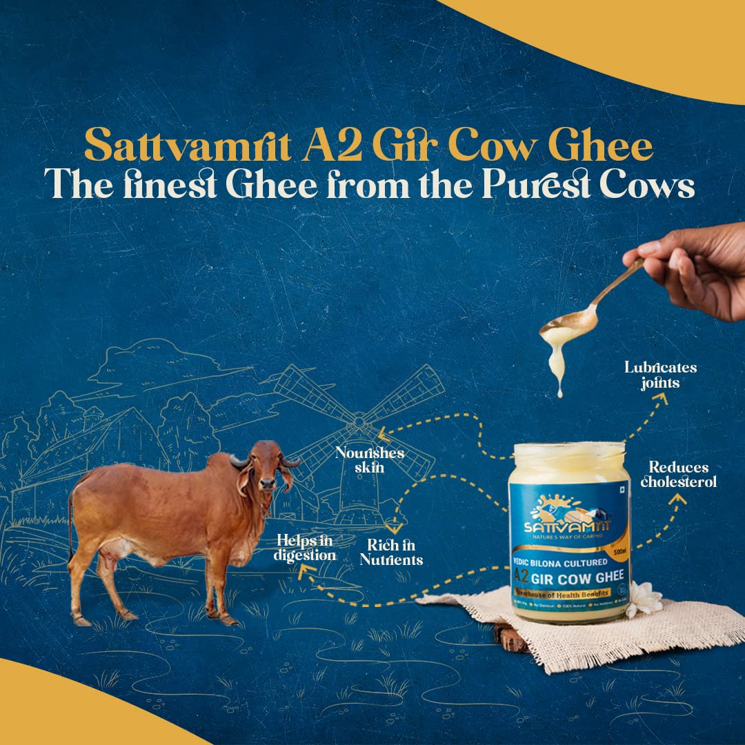 100% Natural A2 Gir Cow Desi Ghee By Sattvamrit | Vedic Bilona Cultured Healthy Desi Ghee Perfect For Frying | (500ml) 16.9 Ounce | Jar Pack