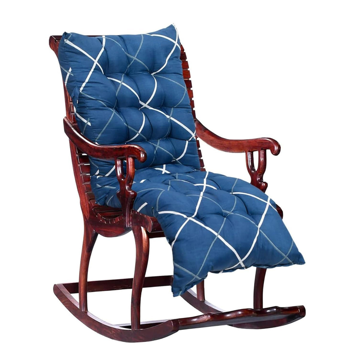 Chair Cushion For Sitting, Long Rocking Chair Cushion, XL Size - 18 X 48 Inch | Geometric Printed - Blue, Chair Pad For Home, Office | Back Seat Cushions With Ties | Long-Lasting Comfort