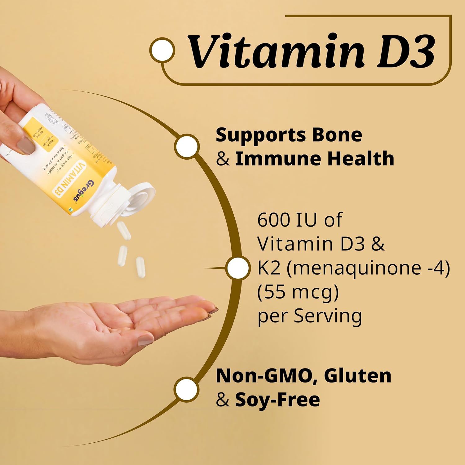 Gregus Vitamin D3 (600iu) + K2 (55mcg) Supplement | Essential For Strong Bones & Cardiovascular Support | 60 Capsules , 100gm 0.2lbs