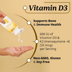 Gregus Vitamin D3 (600iu) + K2 (55mcg) Supplement | Essential For Strong Bones & Cardiovascular Support | 60 Capsules , 100gm 0.2lbs
