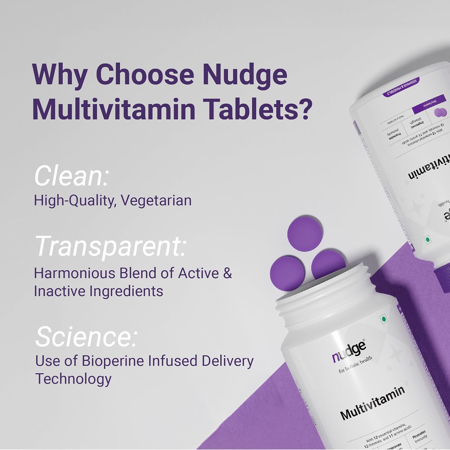 Nudge Multivitamin Vitamins, Minerals, & Amino Acids Enriched Tablets|enhances Strength & Promotes Immunity For Men & Women | Berry Flavour 60 Tablets , 100gm 0.2lbs
