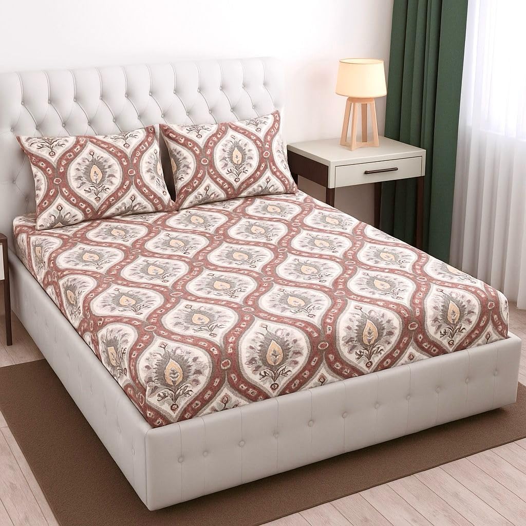 Cotton Queen Size Printed Double Bedsheet With 2 Pillow Covers For Home | 90 X 100 Inches, Beige & Brown - Beautiful Bedsheet Set | Perfect For Gifting Wedding, Anniversary