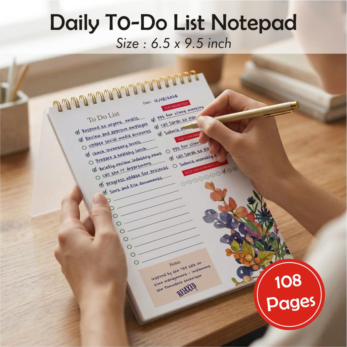 To Do List Notepad, Daily Planner Notepad Undated 54 Sheets/Tear Off, Planning (Floral) Pack Of 1