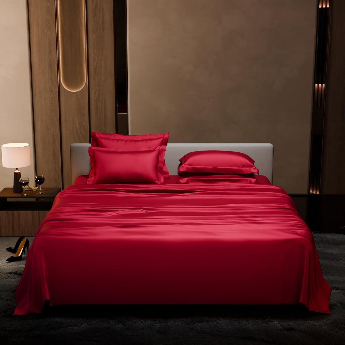 Bedding Set 1 Bedsheet King Size With 4 Pillow Cover - 108 X 108 Inches, Flirty Red | Wedding, Bedroom, Date Night Collection | 300 Thread Count