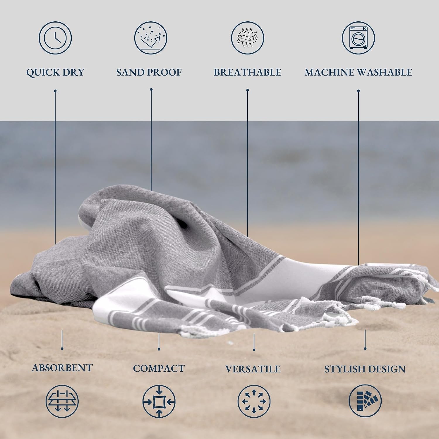 Lane Linen Beach Towels Oversized 699 Gsm | Quick Dry Pool Towels For Adults, Absorbent Sandproof, Lightweight Travel Beach Towel - Alloy (Pack Of 2)