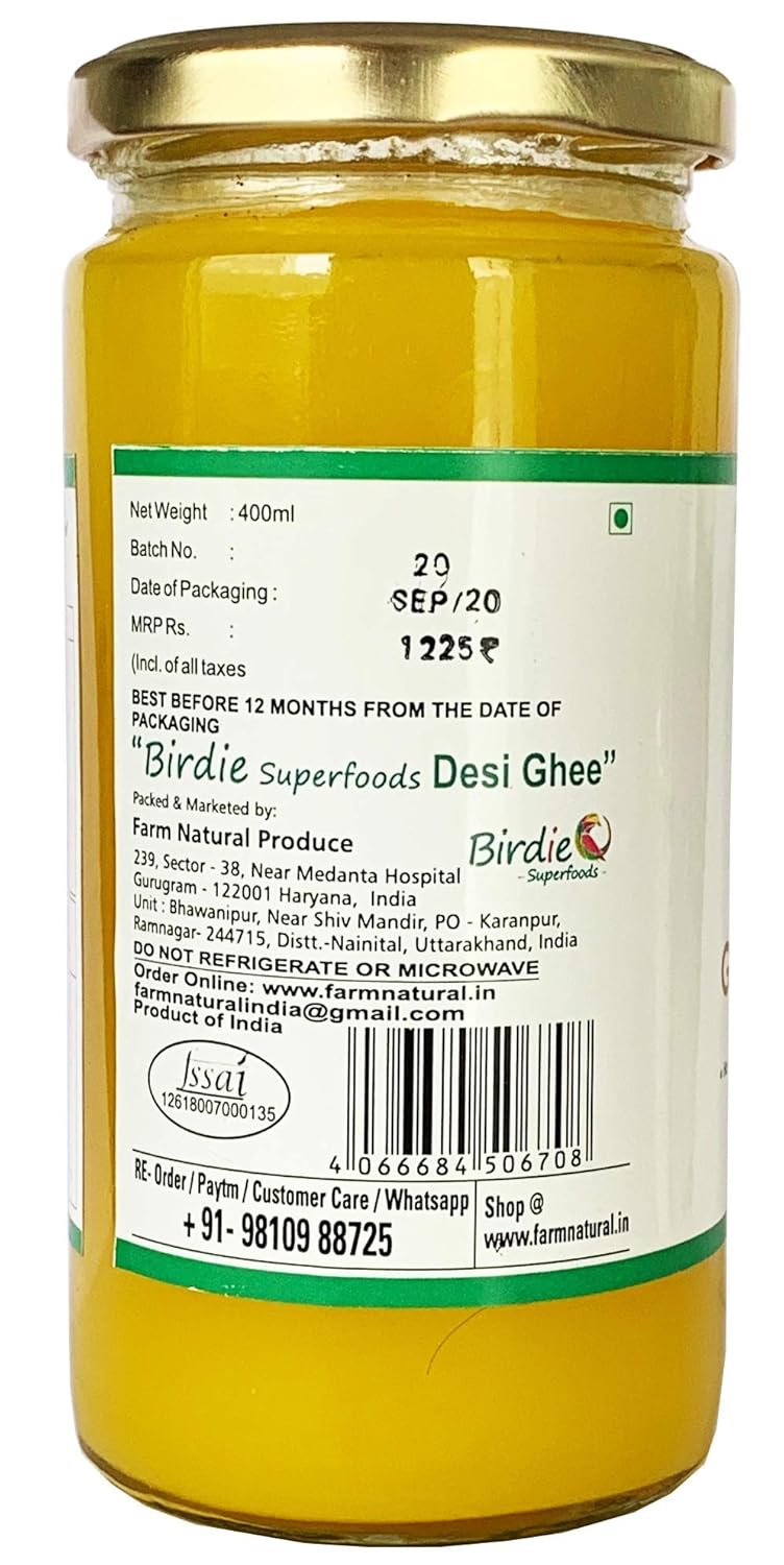 Premium A2 Certified Sahiwal Desi Cow Ghee By Birdie Superfoods | Rich In Nutrients Flavor Healthy Desi Ghee Perfect For Heart Health | (400ml) 13.5 Ounce | Glass Bottle