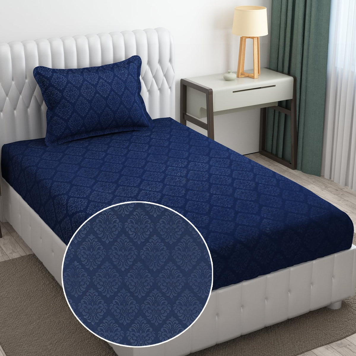 Soft Microfiber Single Bedsheet With 1 Pillow Covers - 60 X 90 Inches | Navy Blue, Damas Design | Wrinkle Free Design & Easy To Wash | Refreshing Your Bedroom Look