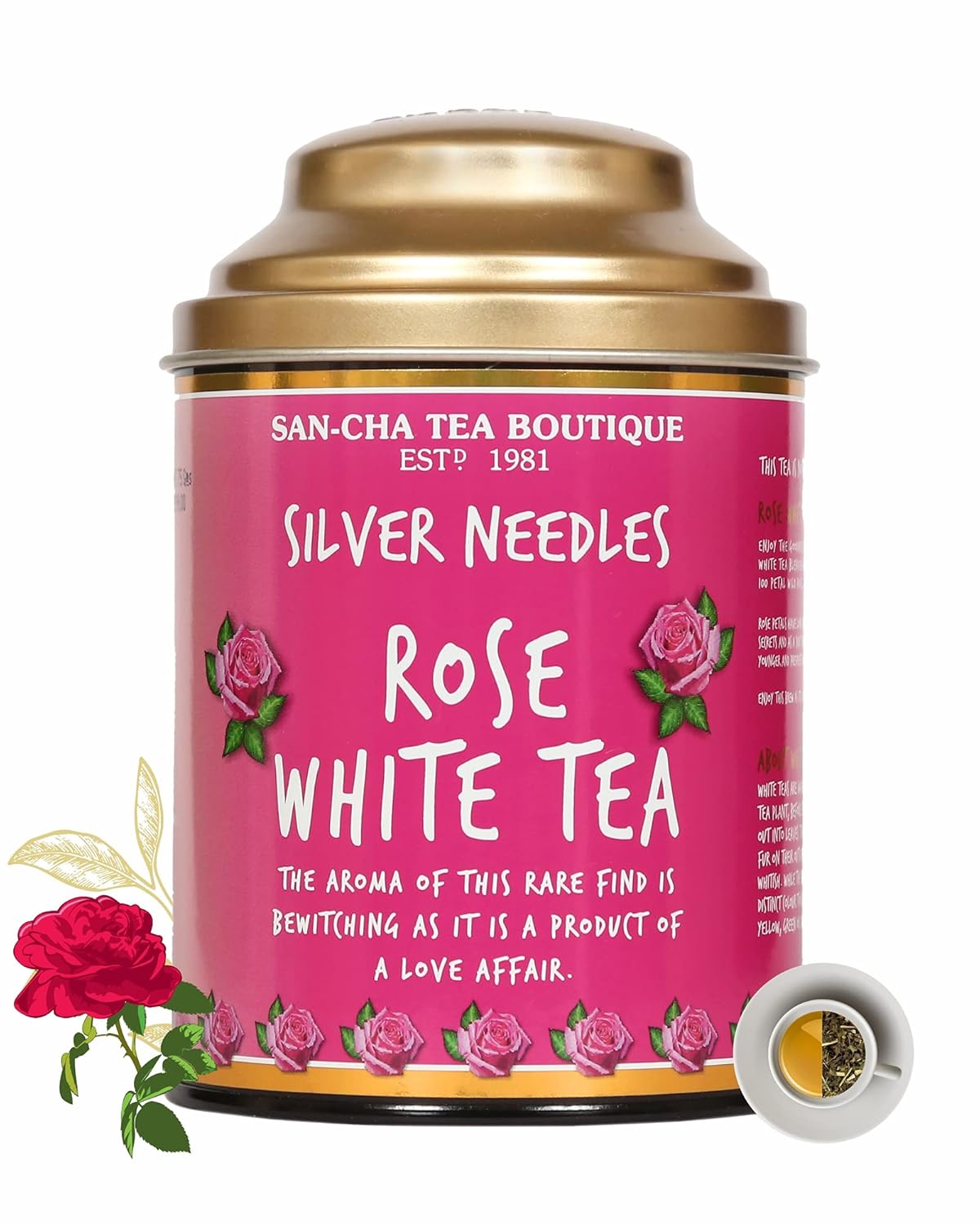San-Cha Silver Needles Rose White Tea - 75gm, 2.6 Ounce | Promotes Healthy & Glowing Skin - Low Caffeine, Richest In Antioxidants