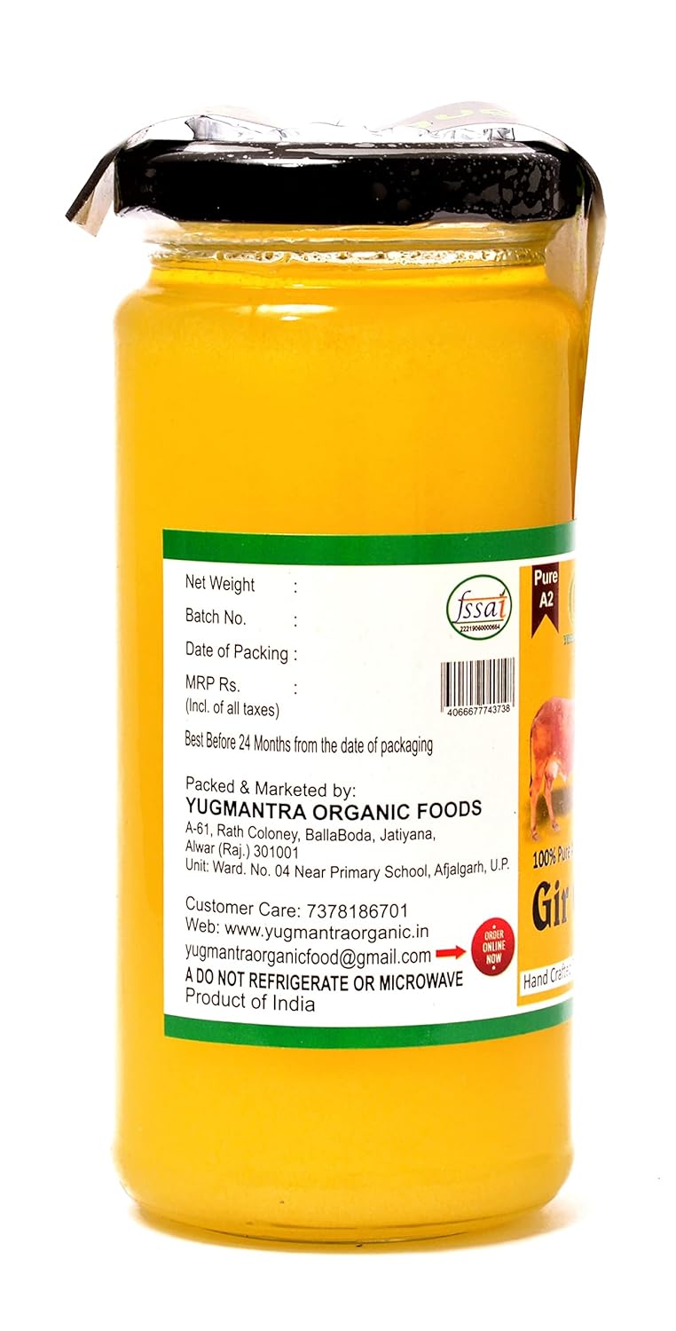 Premium Gir Desi Cow Ghee By Yugmantra Organic | Highly Nutritious Bilona Method Pure & Fresh Danedar Desi Cow Ghee | (250ml) 8.4 Ounce | Jar Pack