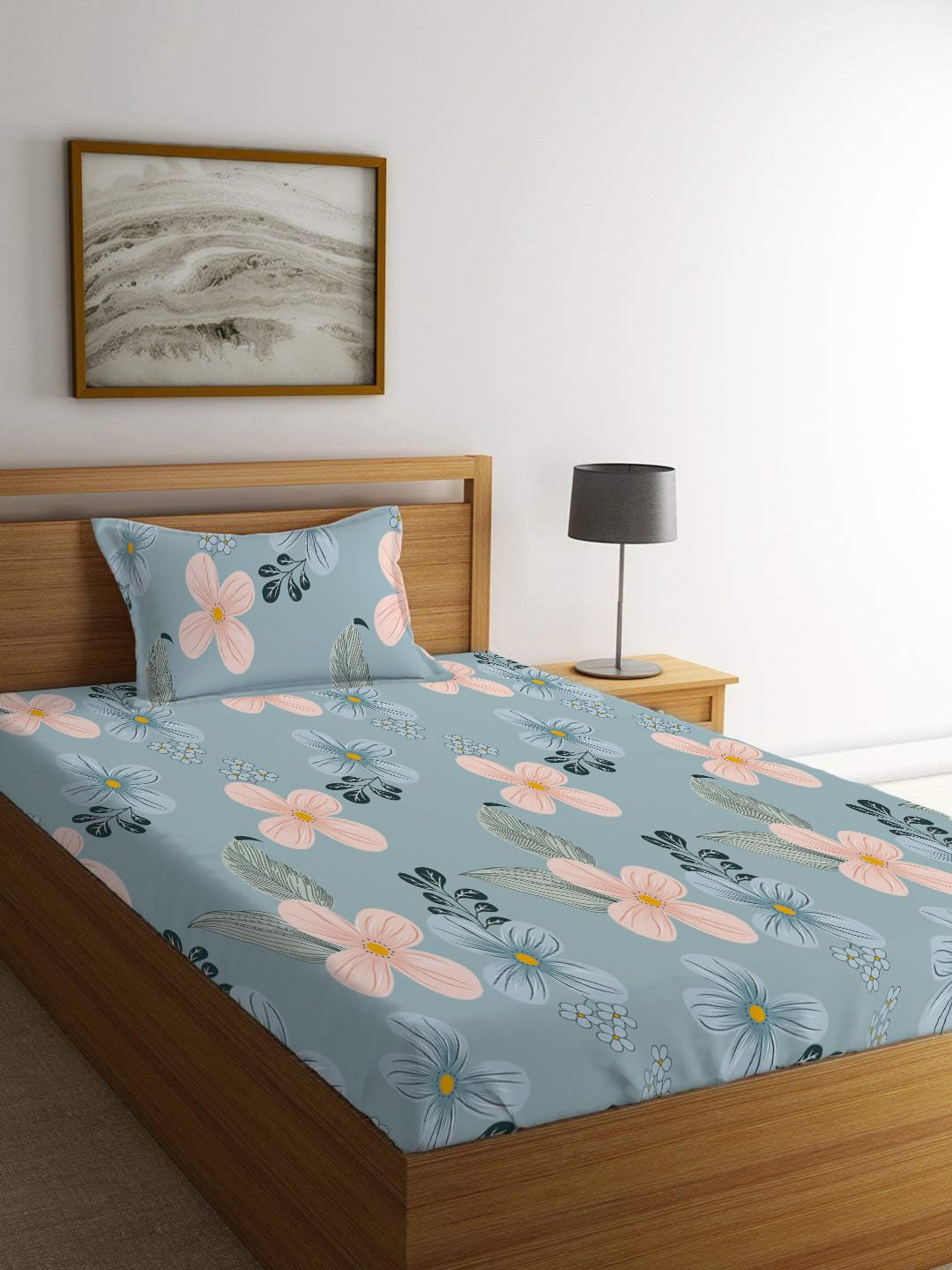 Jaipuri Single Bedsheet With 1 Pillow Cover - 42 X 75 X 8 Inches, Grey | Super Soft Premium Brushed Glace Cotton | Breathable & Wrinkle-Free | Elastic Fitted Bedsheet