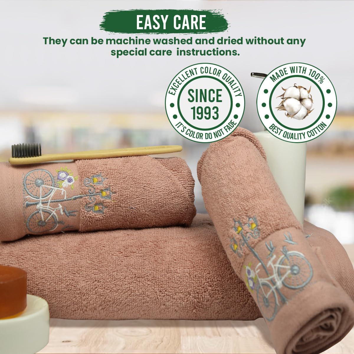 Rangoli 100% Cotton Martin Bath & Hand Towels 900 Gsm | Quick Dry, Ultra Soft, Highly Absorbent Printed Bath Towel - Peach (Set Of 3)