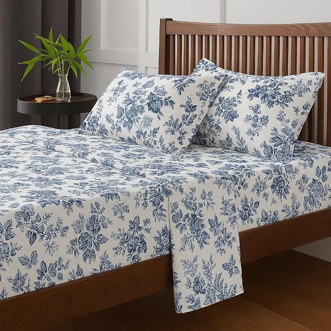 Bedsheet For King Bed With 2 Pillow Covers - King Size 108x108 Inch, White | Blue Floral Print Ultra Soft & Breathable Bedding Set