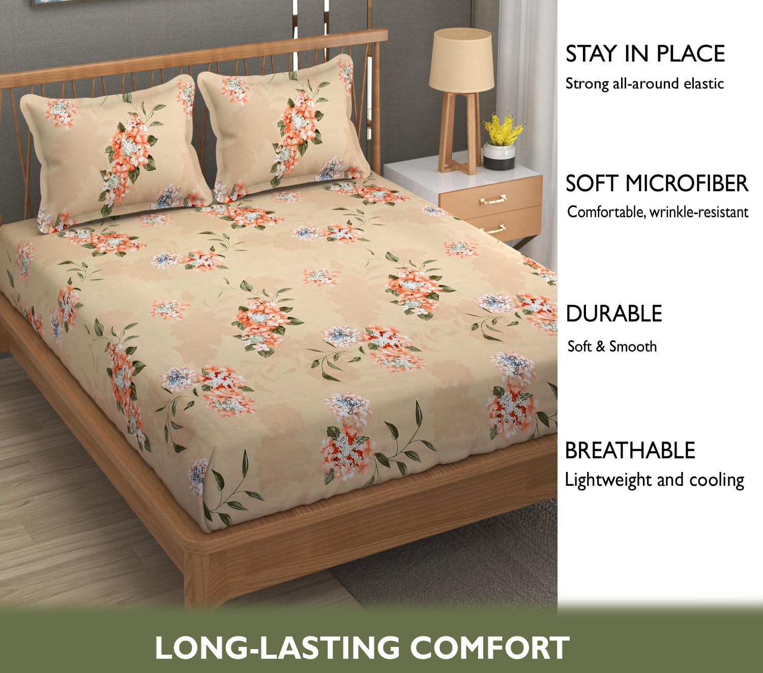 1 Elastic Fitted Bedsheet For King Size & 2 Pillow Covers - 78 X 72 Inches, Beige | Elegant Floral Print Design & Skin-Friendly