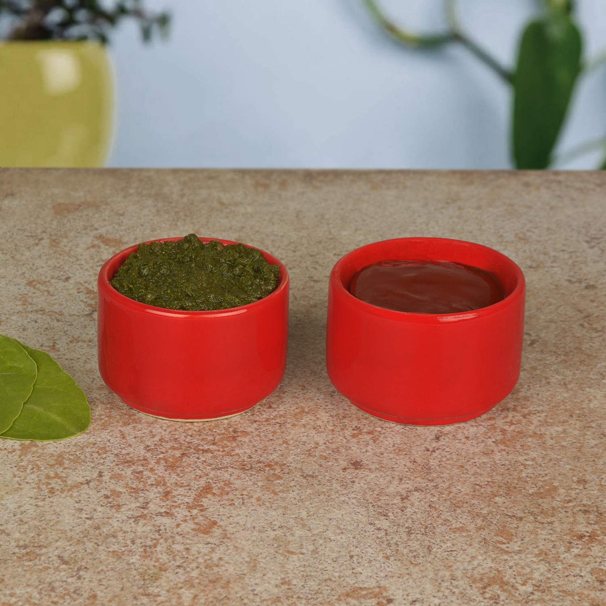 Hand Glazed Ceramic Dip Bowls Set Of 2 - 60ml Each, Red | Chutney Bowls, Ketchup Bowls - Pickle Serving Bowls