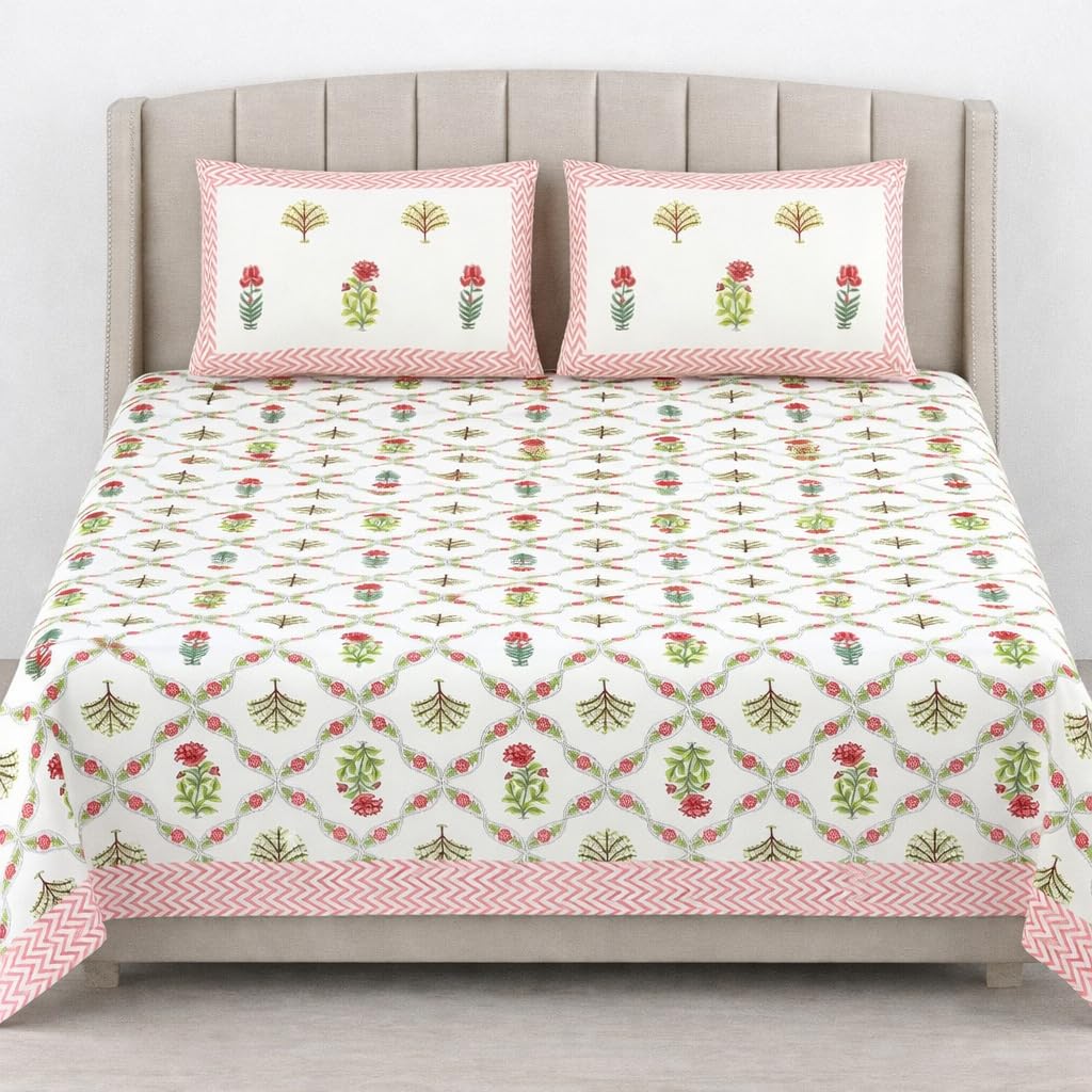 Hand Printed Cotton Bedsheet For King Size With 2 Pillow Covers | 93 X 108 Inches, Pink & Green | Ultra-Soft & Skin-Safe | Breathable Summer Comfort