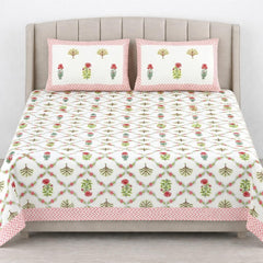 Hand Printed Cotton Bedsheet For King Size With 2 Pillow Covers | 93 X 108 Inches, Pink & Green | Ultra-Soft & Skin-Safe | Breathable Summer Comfort