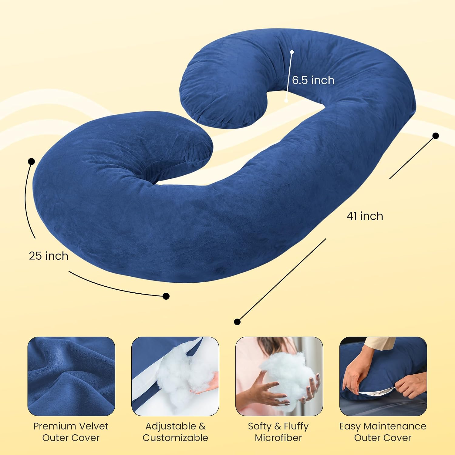 C Shape Full Body Pillow, Pregnancy Pillows For Sleeping, Adjustable, Blue | Maternity Pillows For Back, Hips, Legs, Belly | For Pregnant Women With Removable, Washable Blue Velvet Cover