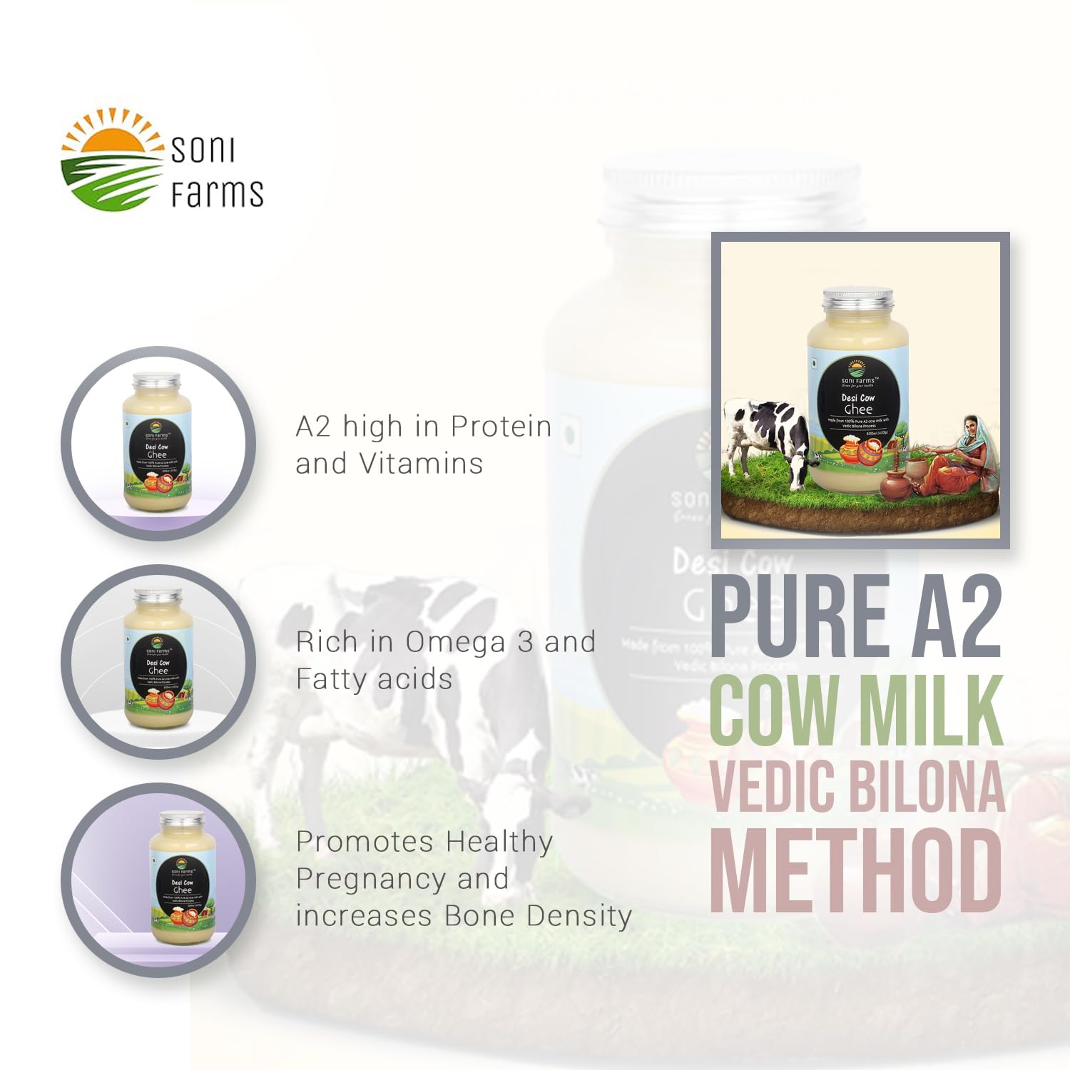 100% Pure 2 Cow Desi Ghee By Soni Farms | Traditional Bilona Method Healthy Pure Desi Ghee Good For Taste | (500ml) 16.9 Ounce | Jar Pack