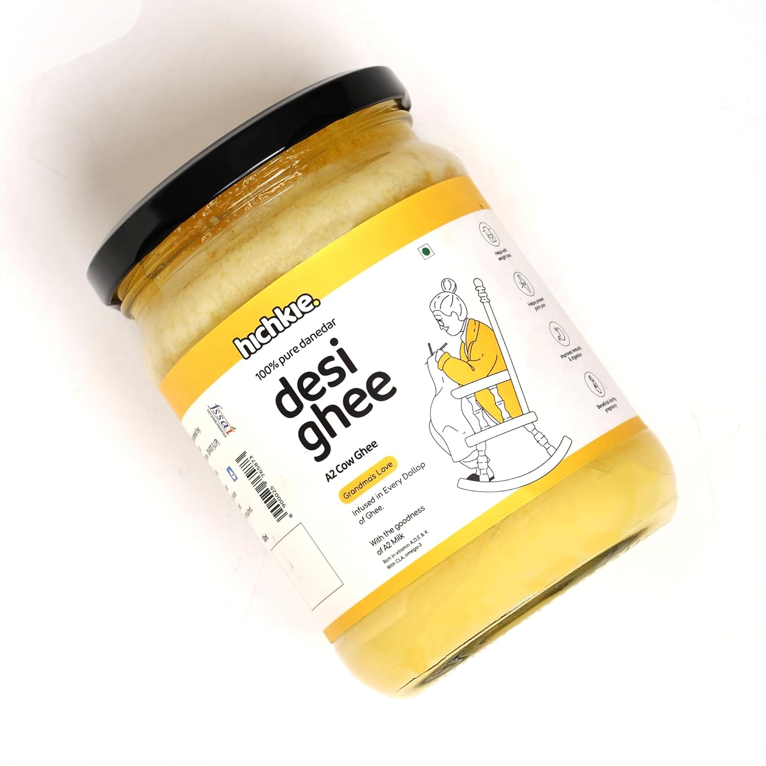 Pure Natural A2 Cow Desi Ghee By Hichkie | Rich In Vitamin A & Healthy Nutrients Desi Ghee Perfect For Overall Health | (500ml) 16.9 Ounce | Jar Pack