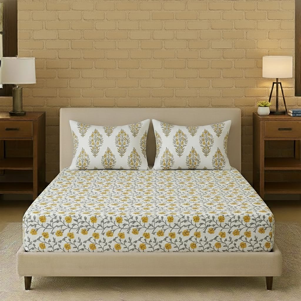 Twin Bed Size Elastic Fitted Bedsheet With 2 Pillow Covers - 42 X 78 Inches, White & Yellow | Best For Gifting, Housewarming, Anniversary, Friends Family