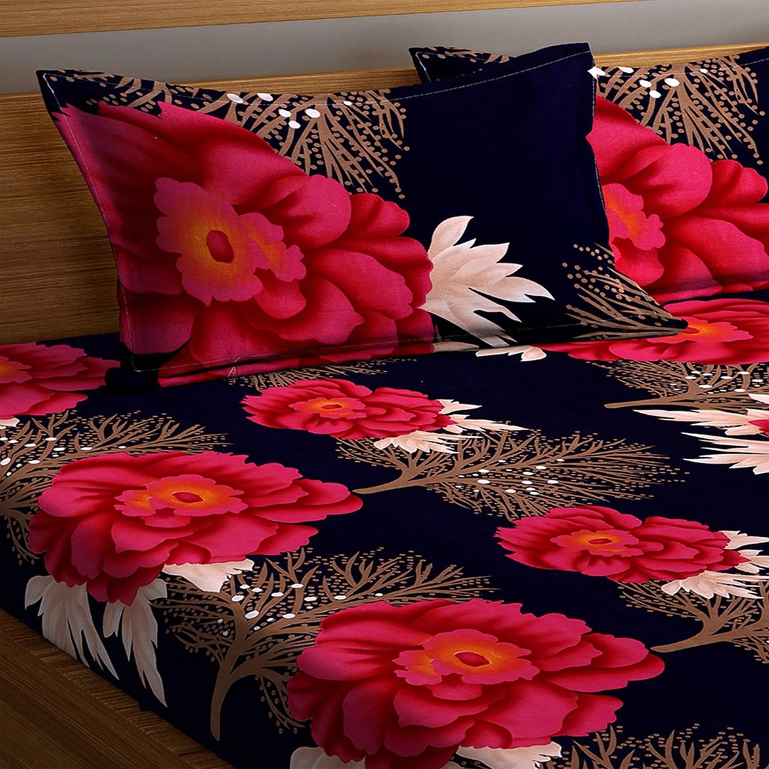 Floral Printed King Size Bedsheet With 2 Matching Pillow Covers - 90 X 90 Inches, Dark Blue & Red | Durable & Long-Lasting | Naturally Soft, Breathable, & Skin-Friendly