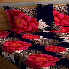 Floral Printed King Size Bedsheet With 2 Matching Pillow Covers - 90 X 90 Inches, Dark Blue & Red | Durable & Long-Lasting | Naturally Soft, Breathable, & Skin-Friendly