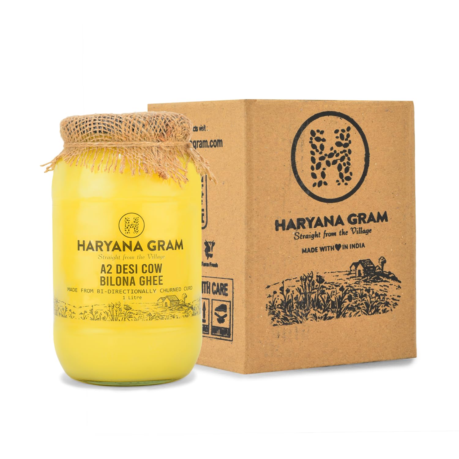 Organic A2 Desi Cow Bilona Ghee With Neem Wood Spoon By Haryana Gram | Rich In Vitamin A, D & Minerals Healthy Desi Ghee Good For Skin Health | (1 Litr) 33.8 Ounce | Jar Pack