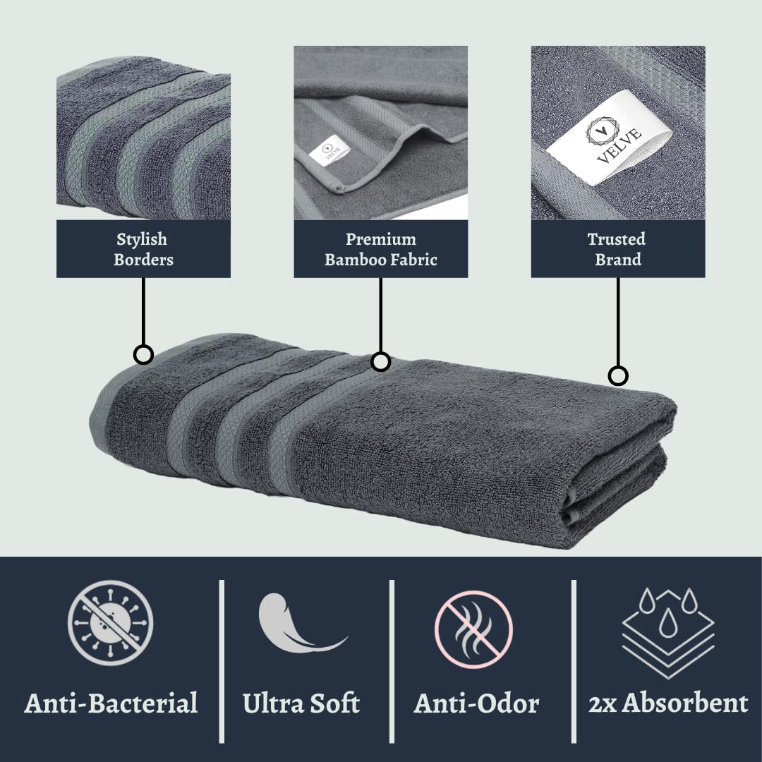 Velve Bamboo 100% Bamboo Bath Towel 600 Gsm | Ultra Soft, Super Absorbent, Antibacterial Bath Towel For Men & Women (Grey)