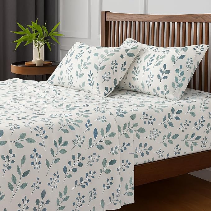 Double Bed Bedsheet Set With 2 Pillow Covers - 90 X 100 Inch, White | Ultra Soft & Wrinkle-Free Microfiber Flat Sheet - Green Petals Print