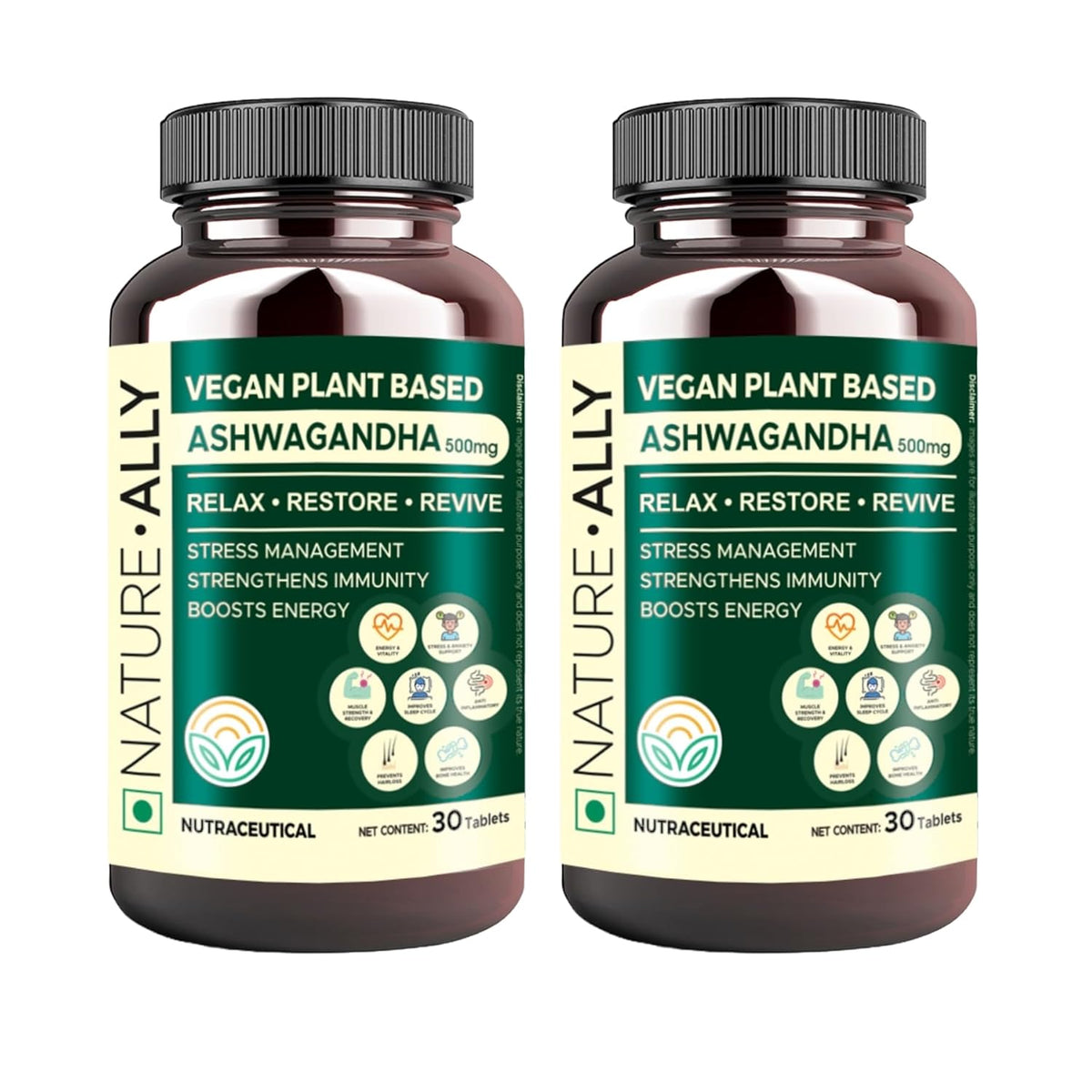 Natureally Ashwagandha 500mg Extra Strength Natural Formulation Support Strength & Energy Withania Somnifera Extract | 30 Vegetarian Tablets 50gm 0.1lbs Each Pack Of 2