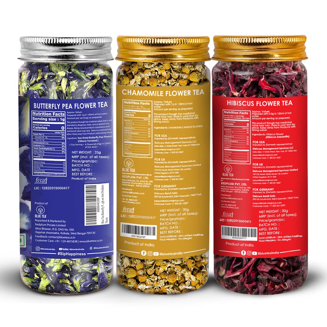 Blue Tea 3 In 1 Combo - Butterfly Pea Flower Tea + Hibiscus Tea+ Chamomile Tea, 105gm, 3.7 Ounce | Herbal Tea For Weight Loss, Skin Glow, Sleep - Non Bitter, Caffeine Free | Reusable Pet