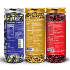 Blue Tea 3 In 1 Combo - Butterfly Pea Flower Tea + Hibiscus Tea+ Chamomile Tea, 105gm, 3.7 Ounce | Herbal Tea For Weight Loss, Skin Glow, Sleep - Non Bitter, Caffeine Free | Reusable Pet