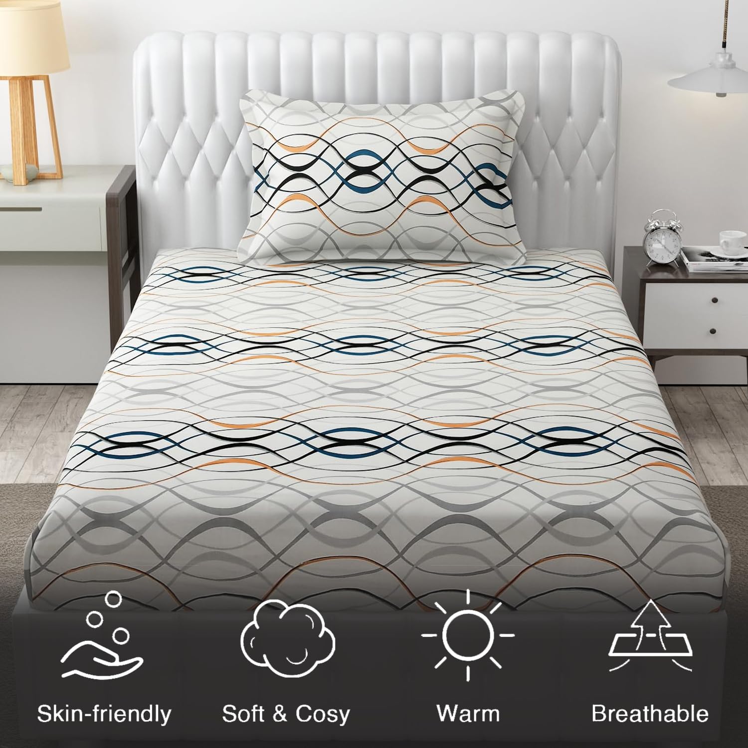 Microfiber Single Bedsheet Set With 1 Pillow Covers (60 X 90 Inches) Multicolor | Durable & Long-Lasting | 144 Thread Count | Wrinkle Free