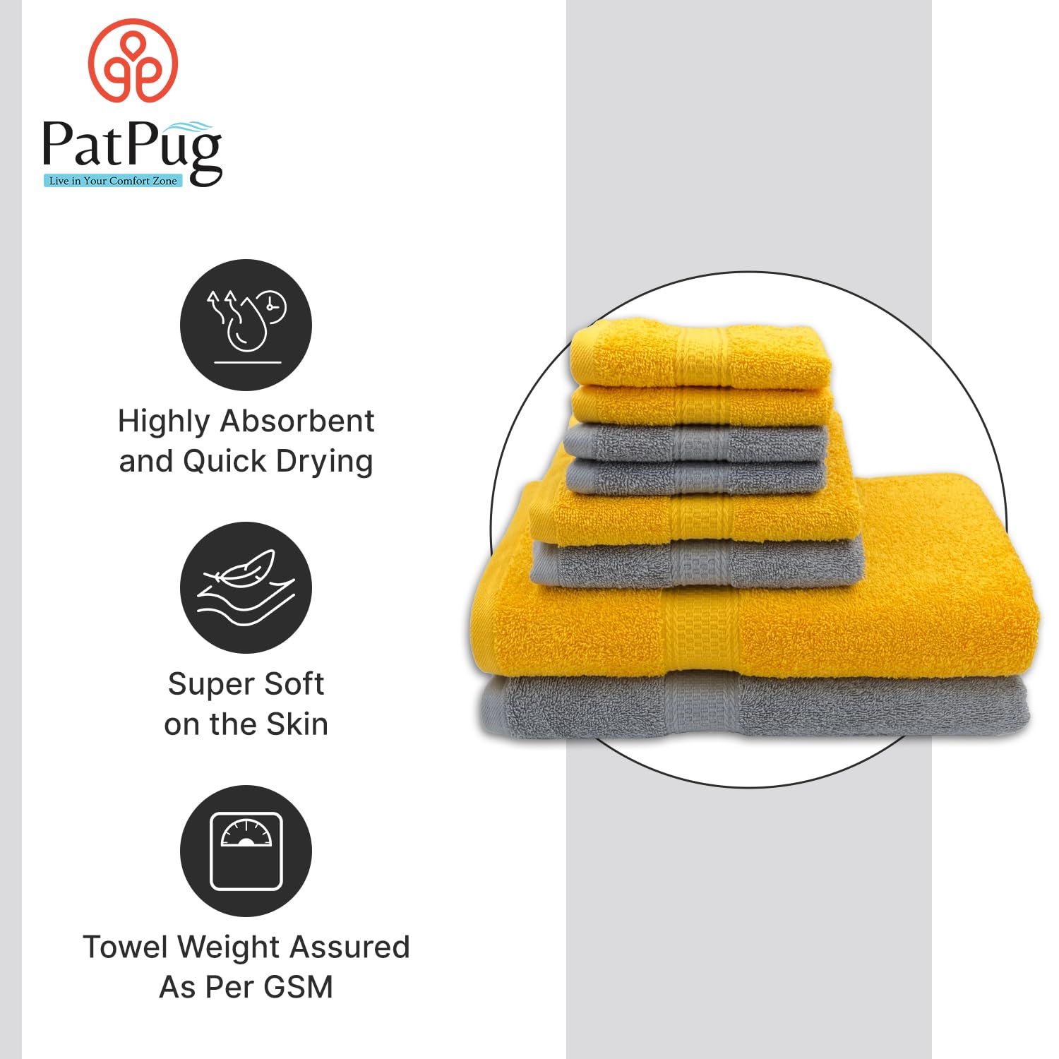 Patpug 100% Indian Cotton Plush Towel Set 2000 Gsm | Highly Absorbent, Fade Resistant, Quick Drying 2 Bath, 2 Hand & 4 Face Towel (Silver Grey & Sunrise Yellow) - 8 Piece
