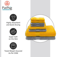 Patpug 100% Indian Cotton Plush Towel Set 2000 Gsm | Highly Absorbent, Fade Resistant, Quick Drying 2 Bath, 2 Hand & 4 Face Towel (Silver Grey & Sunrise Yellow) - 8 Piece
