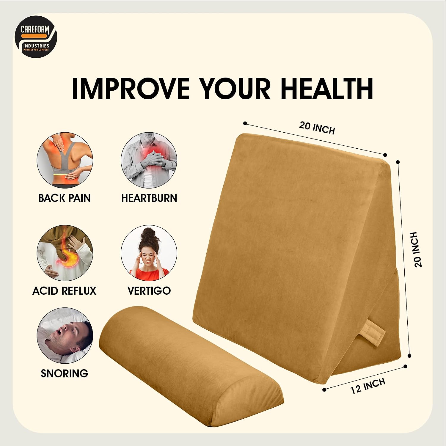 Wedge Pillow For Back Support, Adjustable Wedge Pillow With Headrest, Velvet Tan - 22 X 22 X 12 Inch | Memory Foam Bed Wedge Pillow For Sleeping | Acid Reflux, Gerd, Snoring, Resting