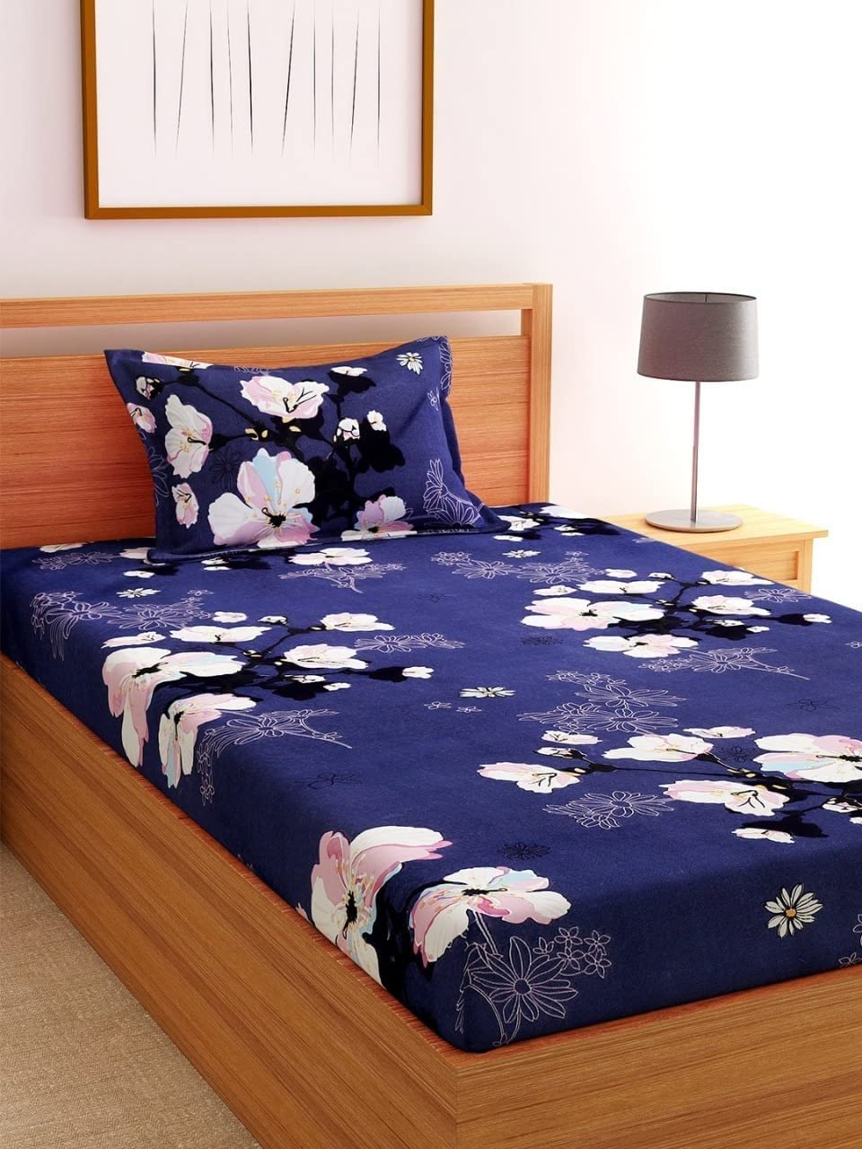 180 TC Print Cotton 1 Single Bedsheet With 1 Pillow Cover - 60 X 90 Inches, Blue | Soft & Breathable Fabric, Skin-Friendly Bed Sheet For All Seasons