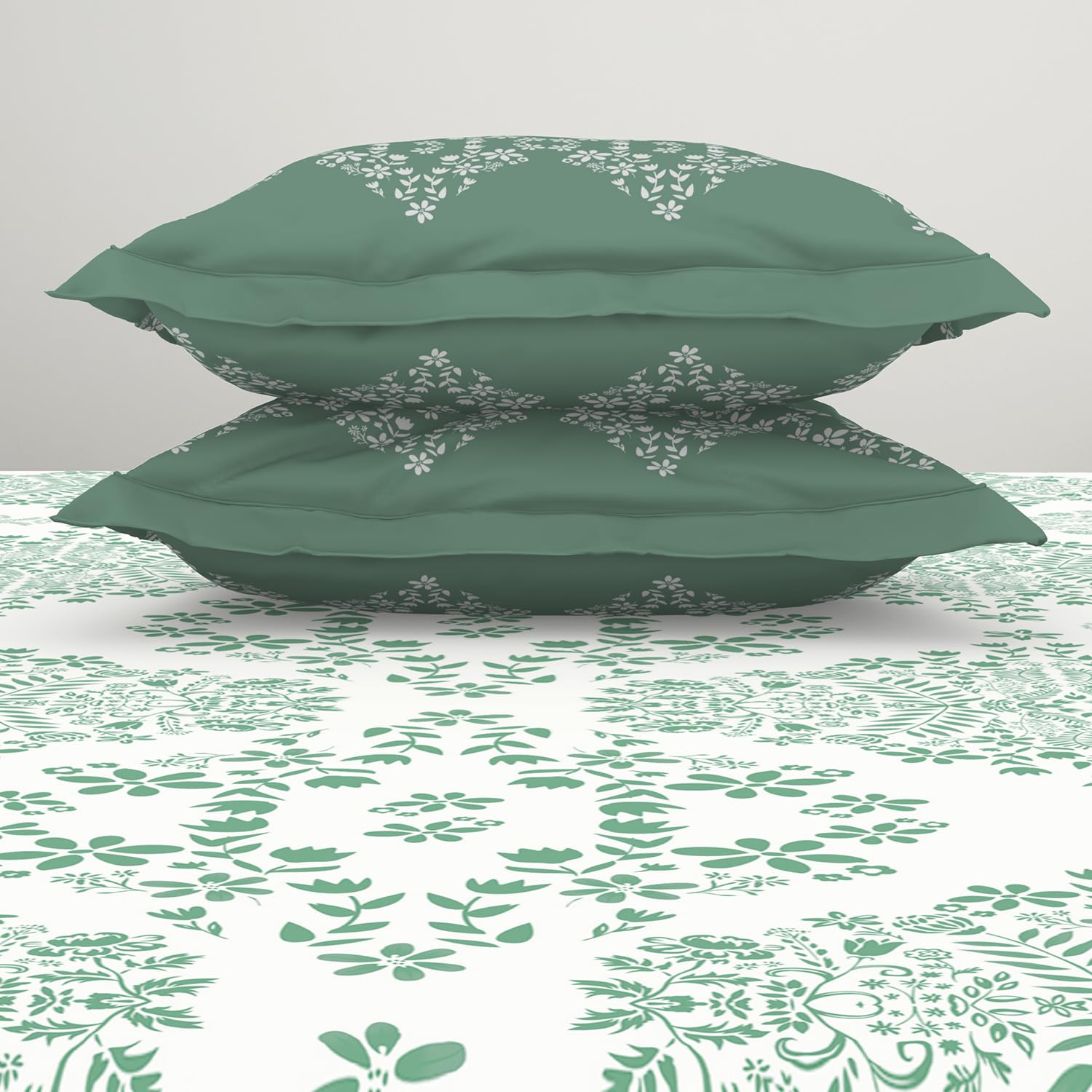 100% Cotton Bedsheet For Double Bed With 2 Pillow Cover - 88 X 100 Inches, Green & White | Breathable & Super Soft | All Seasons & Easy To Wash