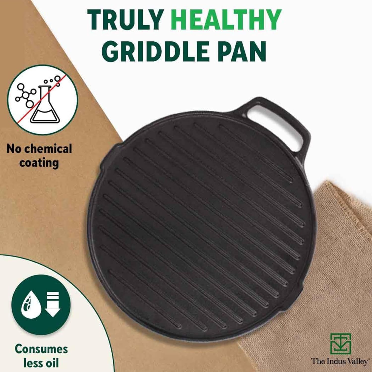 Pre-Seasoned Black Cast Iron Round Griddle Pan With Double Handle - Medium, 26 Cm, 10.2 Inch, 2.1 Kg | Gas Compatible, 100% Pure & Toxin-Free, No Chemical Coating