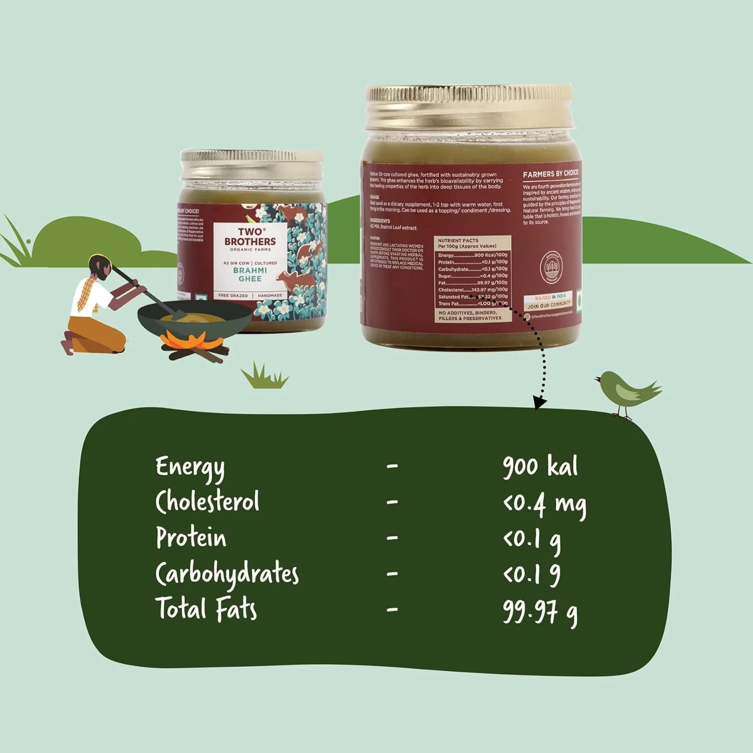 Natural (Brahmi) A2 Gir Cow Cultured Desi Ghee By Two Brothers Organic Farms | Naturally & Healthy Protein Fiber Desi Ghee Good For Weight Loss | (250ml) 8.4 Ounce | Jar Pack