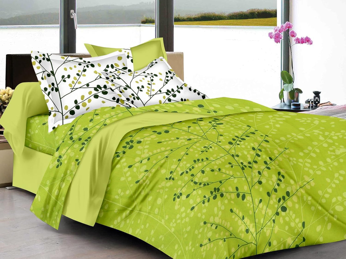 Bedsheet For Double Bed With 2 Pillow Covers | Soft, Lightweight & Breathable Cotton Bedsheet | Queen Size - 88 X 96 Inches, Green & White