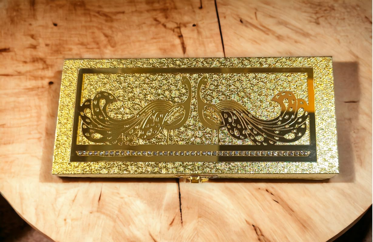 Premium Decorative Designer Mdf Golden Gifting Cash Box, Shagun Box, Jewellery Box, Money Box, Gaddi Box 20x8.5x4cm, Pattern - Embossed Peacock