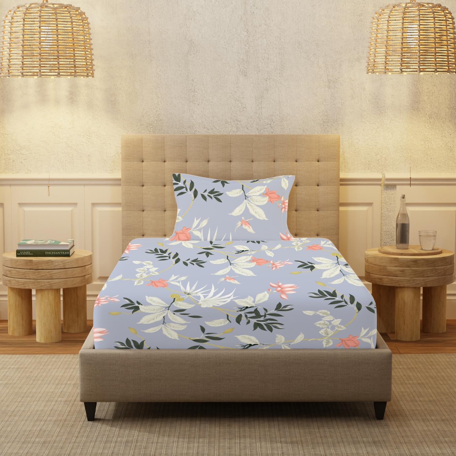 100% Cotton Bedsheet For Single Bed With 1 Pillow Cover, (Size 58 X 90 Inches) Grey & Green | Soft And Comfortable For All Season | 200 Thread Count