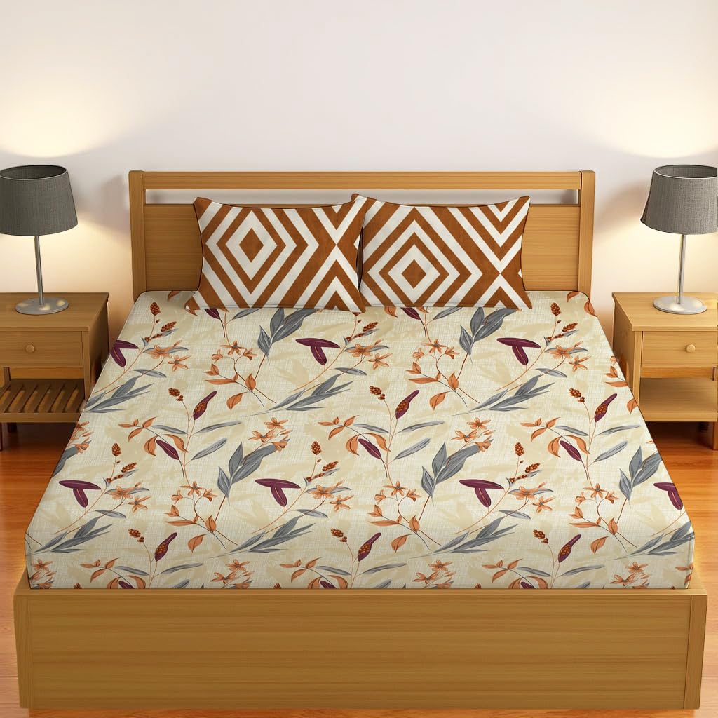Luxurious Queen Size Bedsheet For Double Bed With 2 Pillow Cover - 90 X 90 Inches, Cream & Brown | Perfect For Daily Use, Guest Rooms | Gift For Housewarmings, Weddings