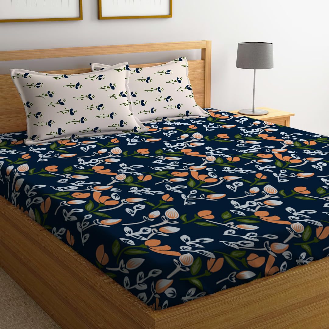 Double Bed Bedsheet With 2 Pillow Covers - 72 X 78 X 10 Inches, Navy Blue & Beige | Elastic Fitted Printed King Size Bedsheet | Soft, Breathable & Wrinkle-Free