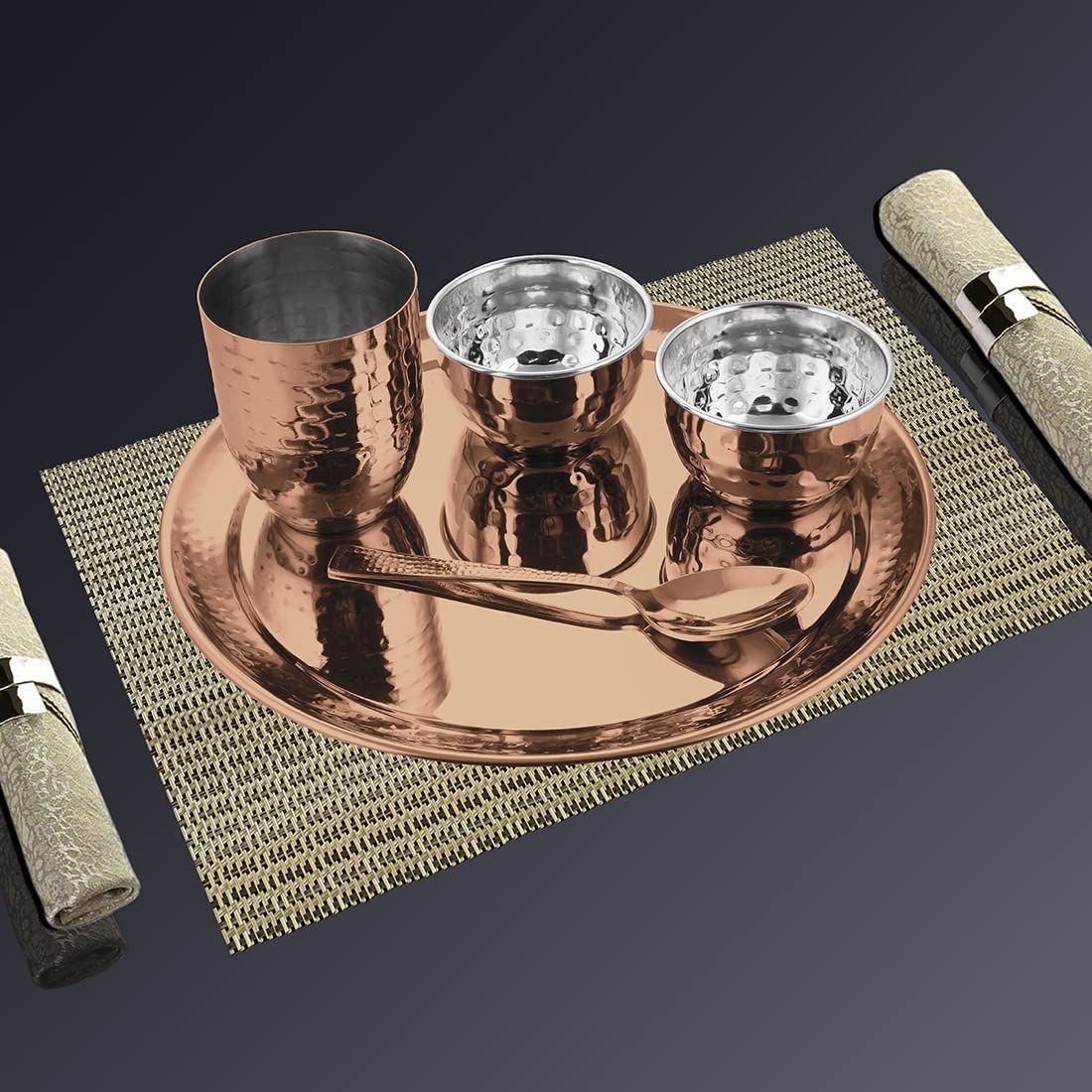 Stainless Steel Hammered Rose Gold Diamond Thali Set With PVD Coating, 5 Pieces | 1 Thali+ 1 Glass+ 2 Katoris+ 1 Spoon - Easy To Clean & Dishwasher Safe