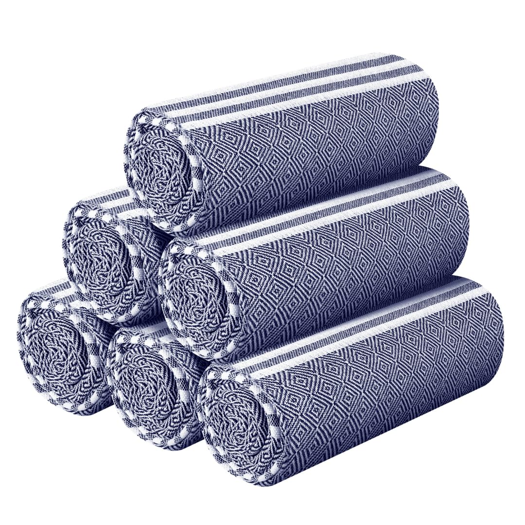 Destin Home Turkish Peshtemal Beach Towels 2 Kg | Cotton Soft, Lightweight, Quick-Drying & Absorbent For Beach Pool Spa Picnic Travel (Navy Blue)- Set Of 6