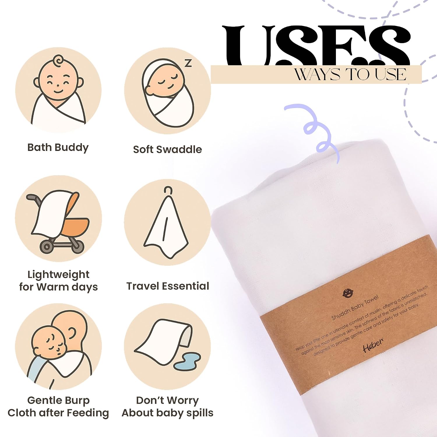 Haber Traditional Baby Muslin Bath Towel 130 Gsm | Organic Indian Cotton 4 Layer, Eco-Conscious & Safe Printed Muslin Cloth Towels | Pack Of 1 (White)